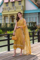3-PC Unstitched Embroidered Lawn Noor By Saadi Asad | D3- Mustard Yellow